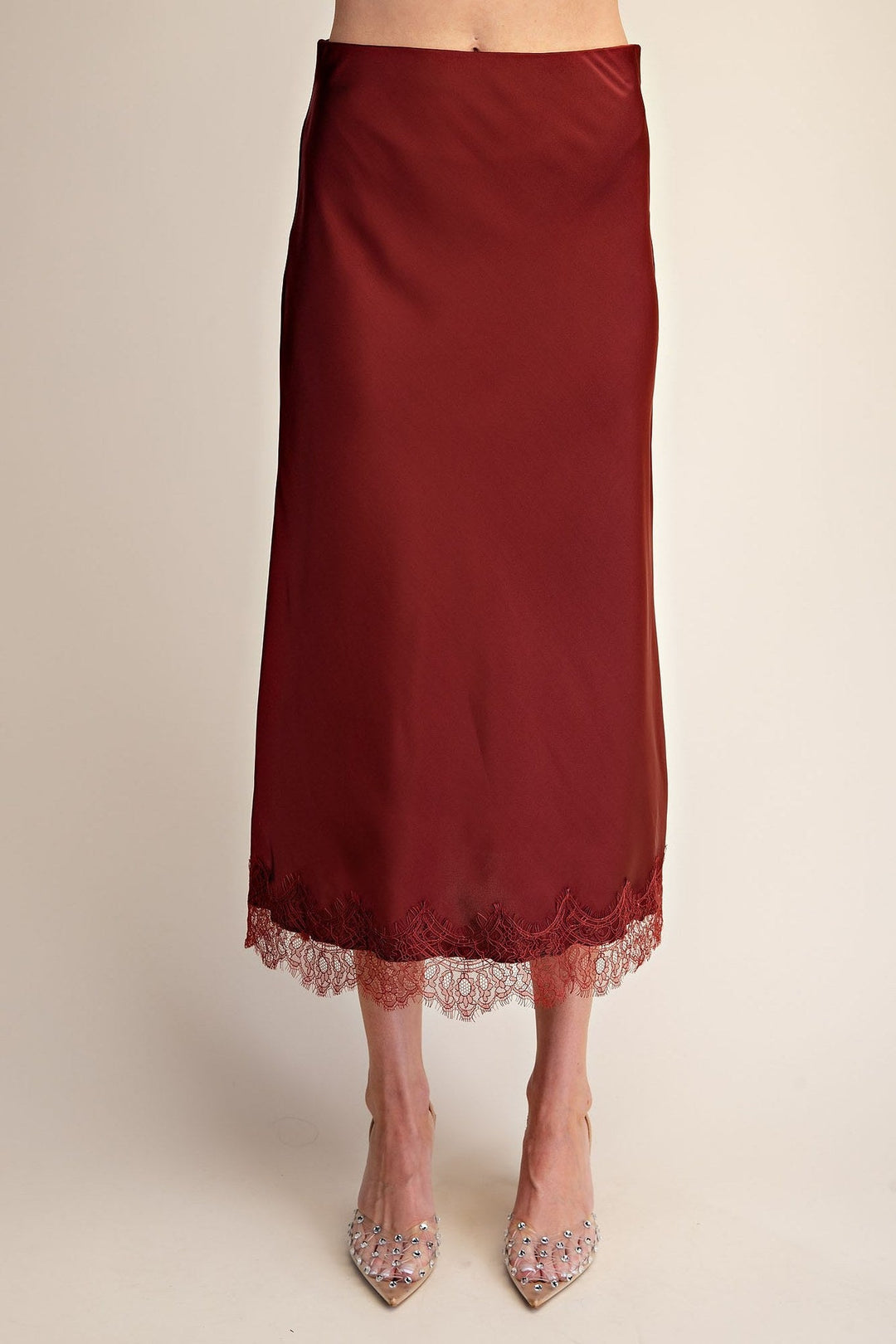 Burgundy Satin Scalloped Lace Cami and Midi Skirt Set - STYLED BY ALX COUTUREOutfit Sets