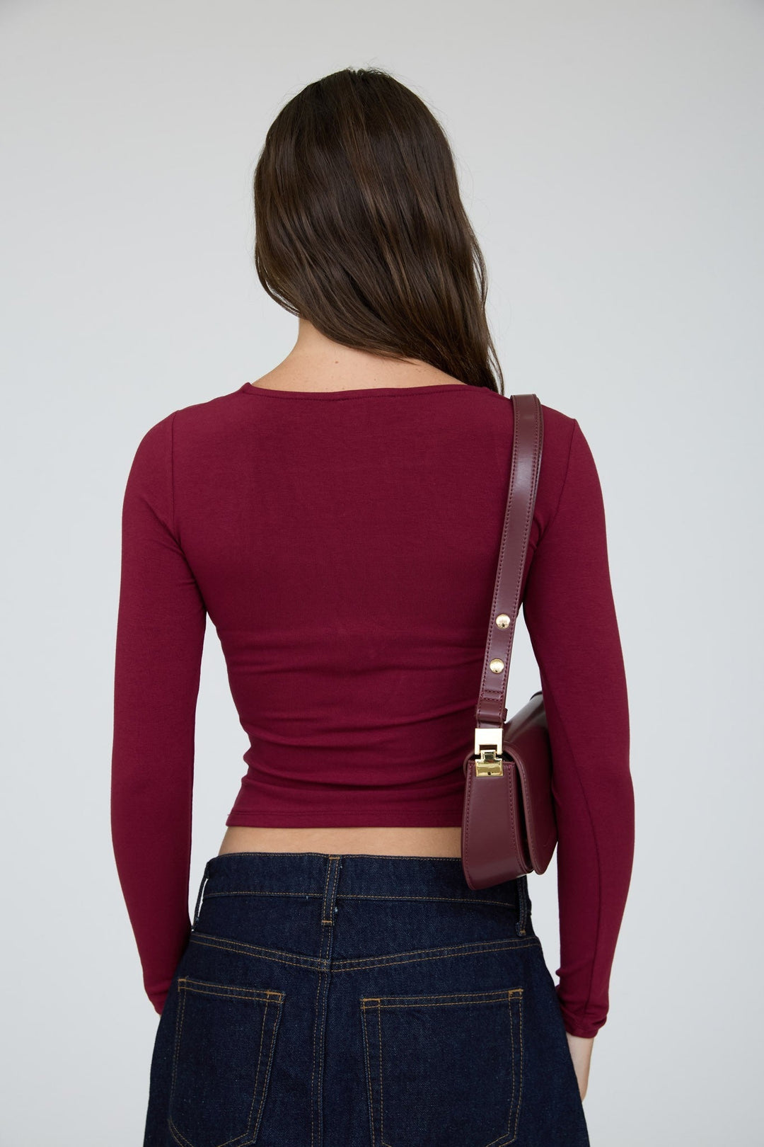 Burgundy Square Neck Long Sleeve Ruched Knit Top - STYLED BY ALX COUTURETops