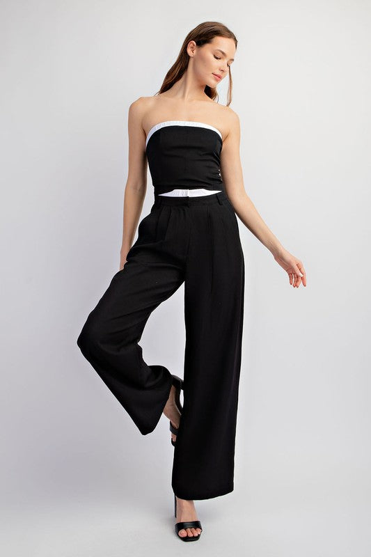 model is wearing Black Contast Elastic Tube Top with matching pants and black heel 