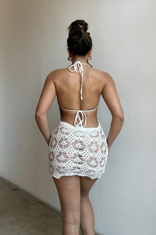 back of the Ivory Crochet Halter Mini Dress