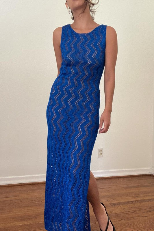 Shinny Blue Knit Crochet Maxi Dress