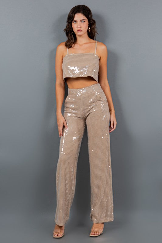STYLED BY ALX COUTURE MIAMI BOUTIQUE Taupe Sequin Crop Top Straight Leg High Waisted Pants Set