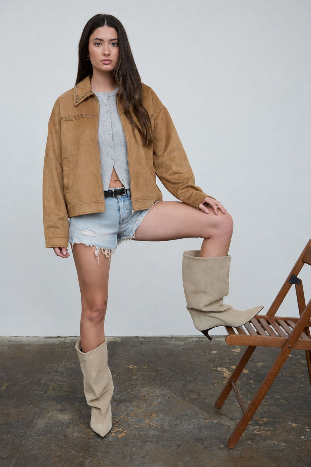 Camel Studded Collar Zip-up Suede Jacket - STYLED BY ALX COUTUREBlazer &amp; Jackets