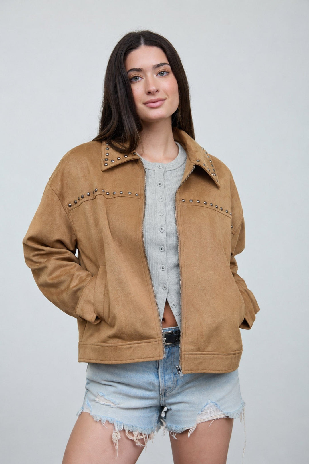 Camel Studded Collar Zip-up Suede Jacket - STYLED BY ALX COUTUREBlazer &amp; Jackets