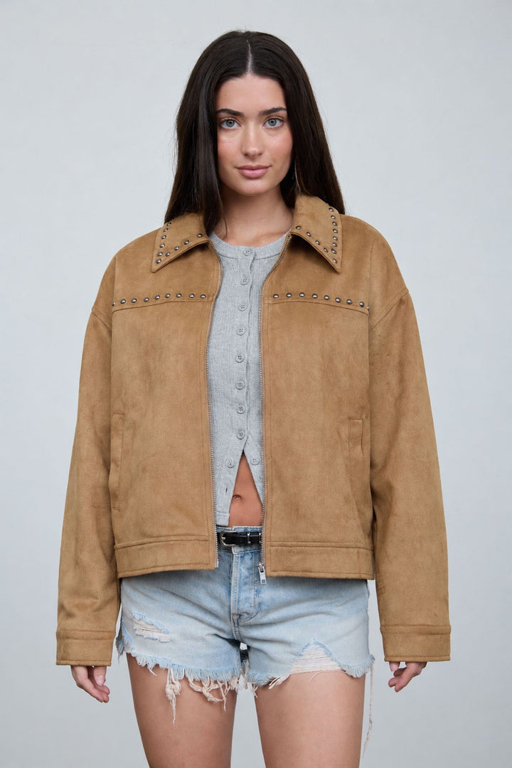 Camel Studded Collar Zip-up Suede Jacket - STYLED BY ALX COUTUREBlazer &amp; Jackets