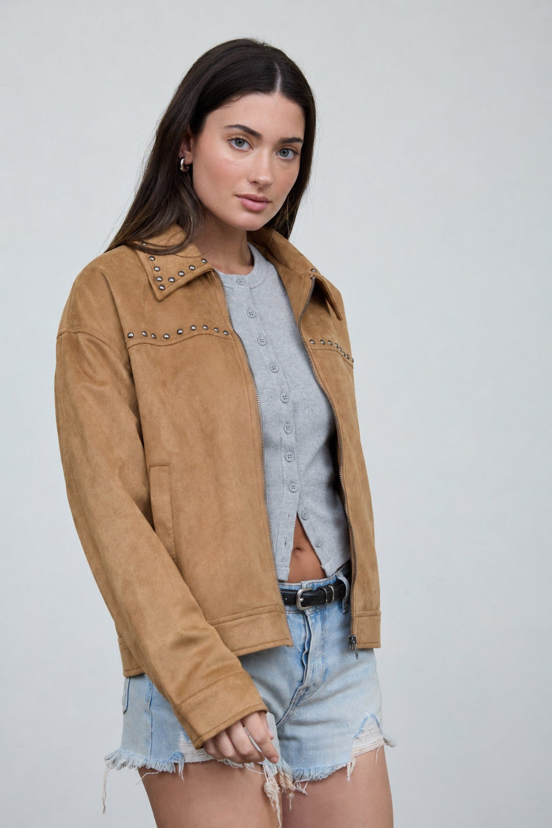 Camel Studded Collar Zip-up Suede Jacket - STYLED BY ALX COUTUREBlazer &amp; Jackets