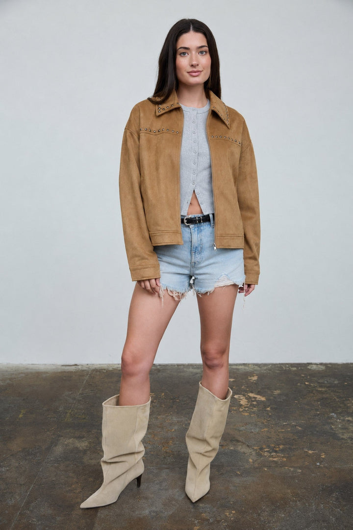 Camel Studded Collar Zip-up Suede Jacket - STYLED BY ALX COUTUREBlazer &amp; Jackets