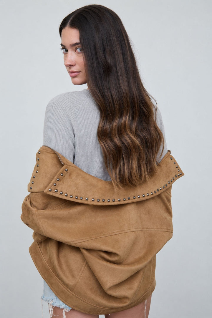 Camel Studded Collar Zip-up Suede Jacket - STYLED BY ALX COUTUREBlazer &amp; Jackets