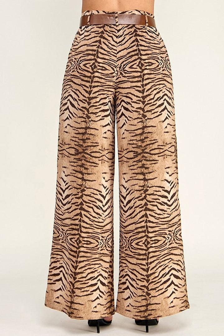 Camel Zebra Print Belted Wide Leg Pants - STYLED BY ALX COUTUREPants