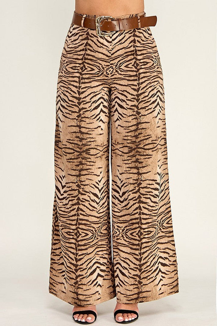 Camel Zebra Print Belted Wide Leg Pants - STYLED BY ALX COUTUREPants