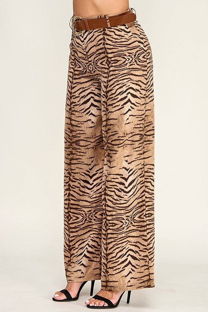 Camel Zebra Print Belted Wide Leg Pants - STYLED BY ALX COUTUREPants
