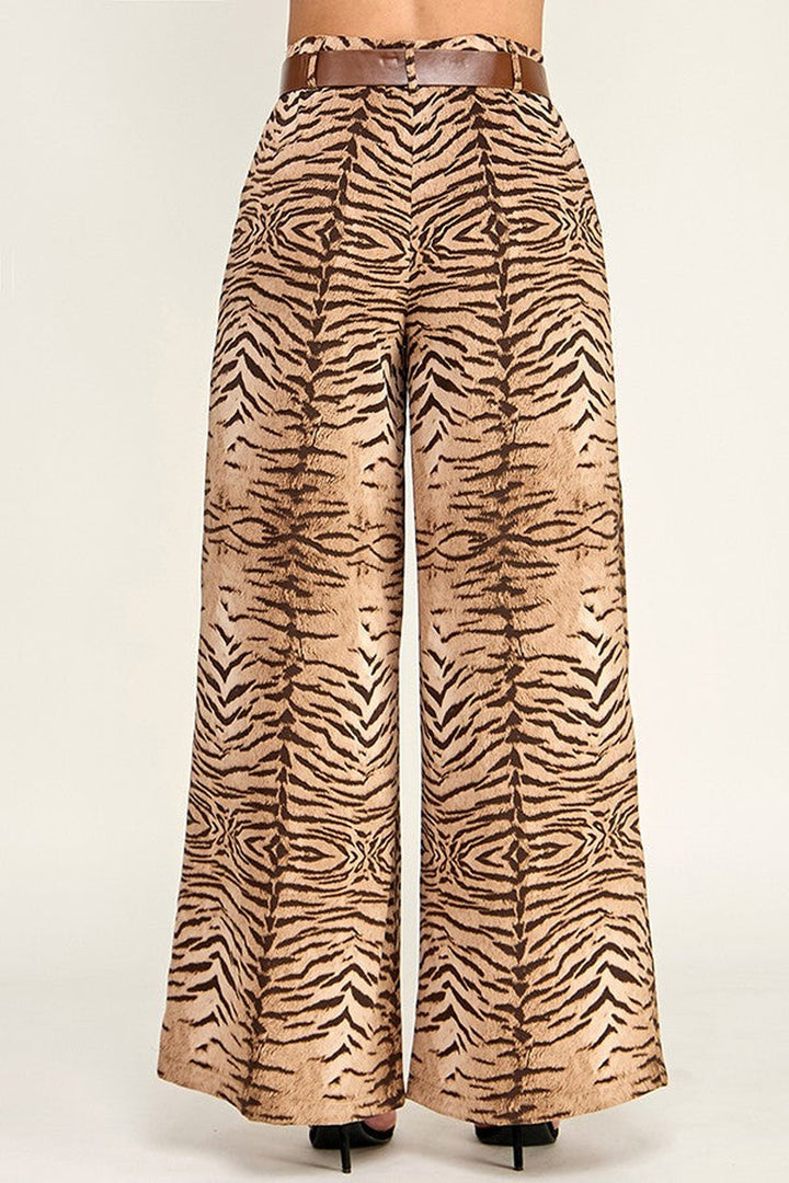 Zebra print wide leg pants, back view