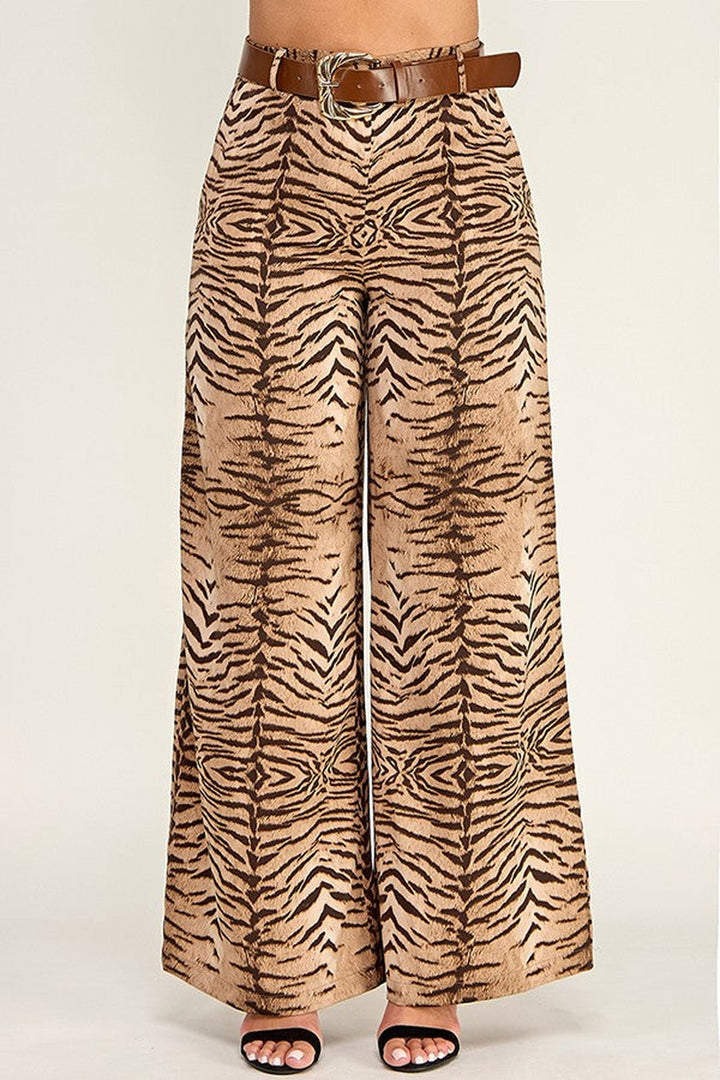 Camel zebra print pants with wide flowing leg, side view
