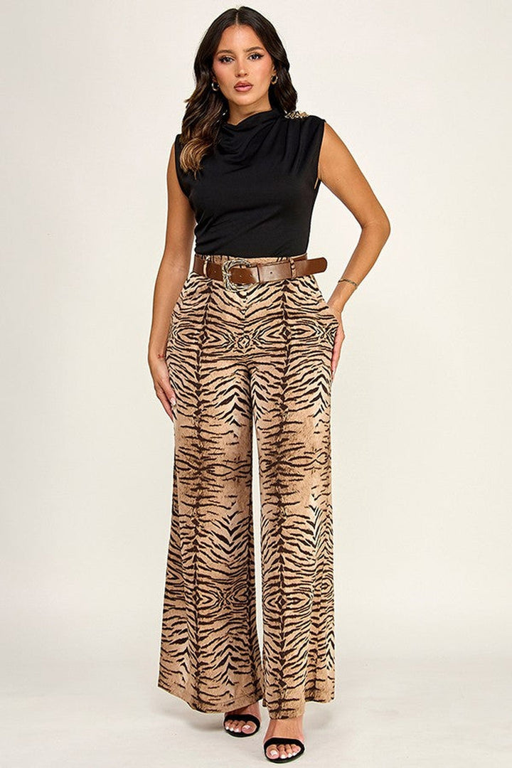 Camel Zebra Print Belted Wide Leg Pants - STYLED BY ALX COUTUREPants