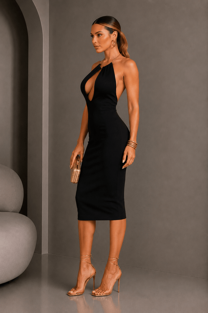 Chain Necklace Deep V - neck Midi Dress - STYLED BY ALX COUTUREDresses