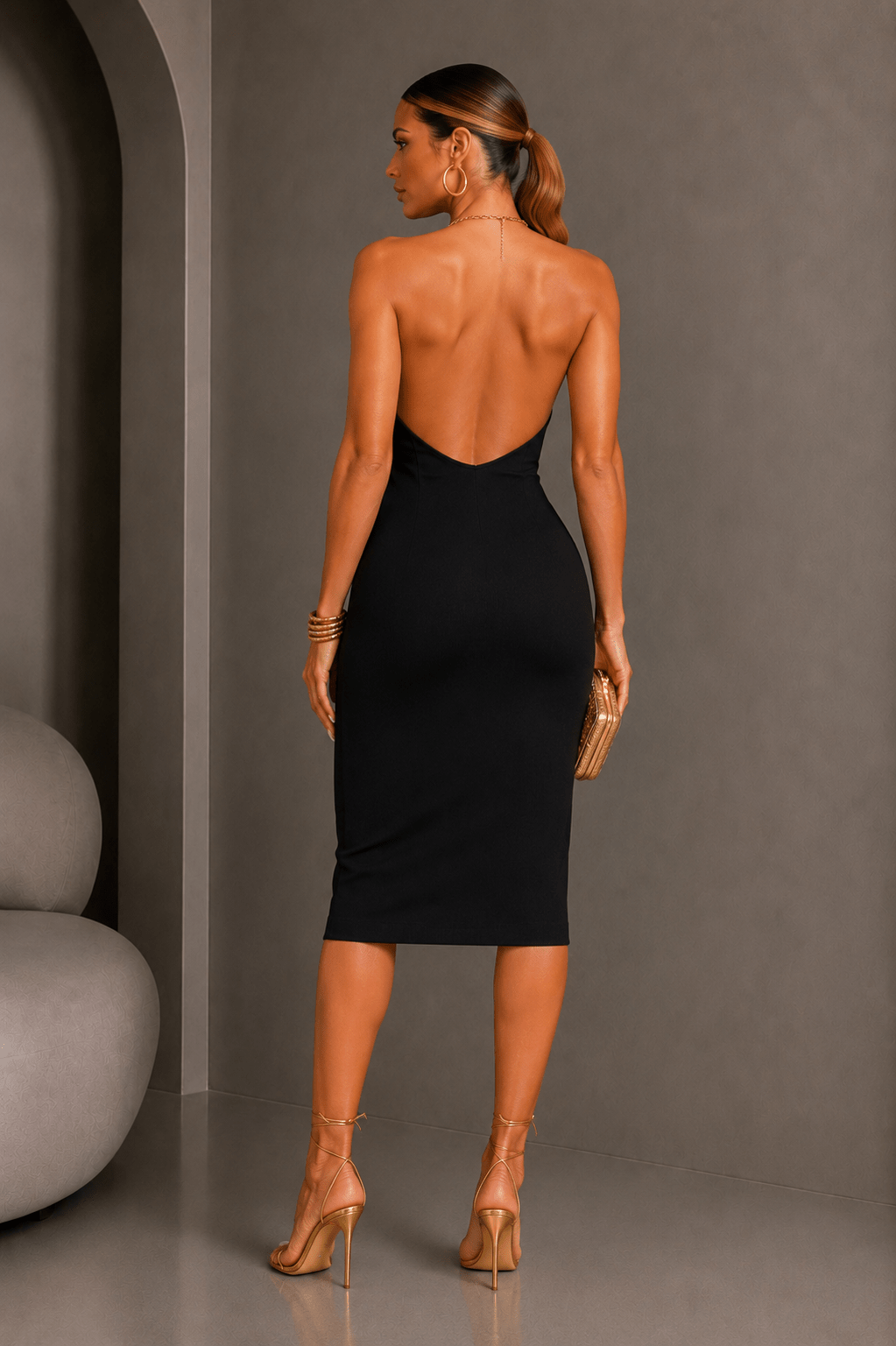 Chain Necklace Deep V - neck Midi Dress - STYLED BY ALX COUTUREDresses