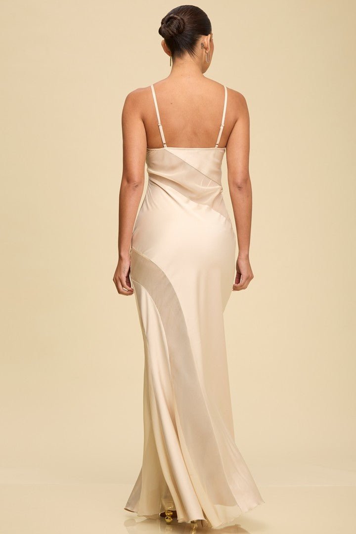Champagne Mesh Panel Satin Maxi Dress STYLED BY ALX COUTURE Champagne Mesh Panel Satin Maxi Dress STYLED BY ALX COUTURE