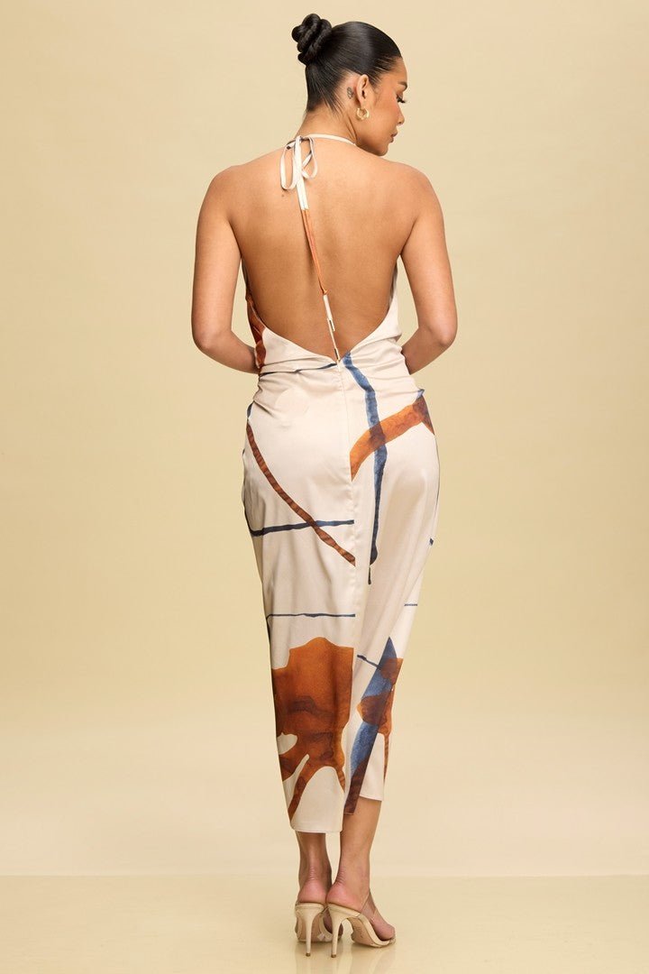 Champagne Print Halter Open Back Midi Dress Champagne Print Halter Open Back Midi Dress