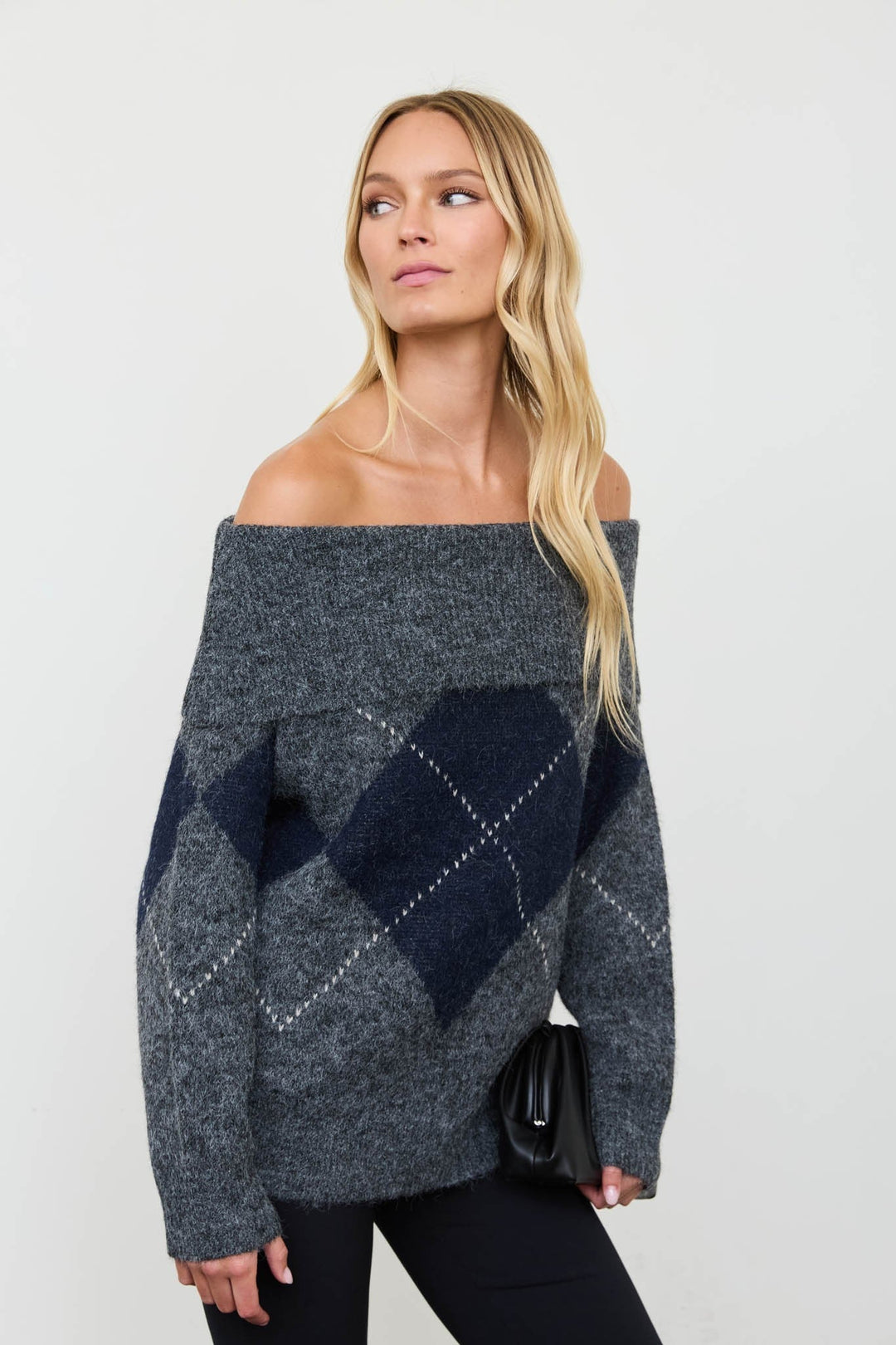 Charcoal Argyle Off Shoulder Fold Over Knit Sweater - STYLED BY ALX COUTURESweaters