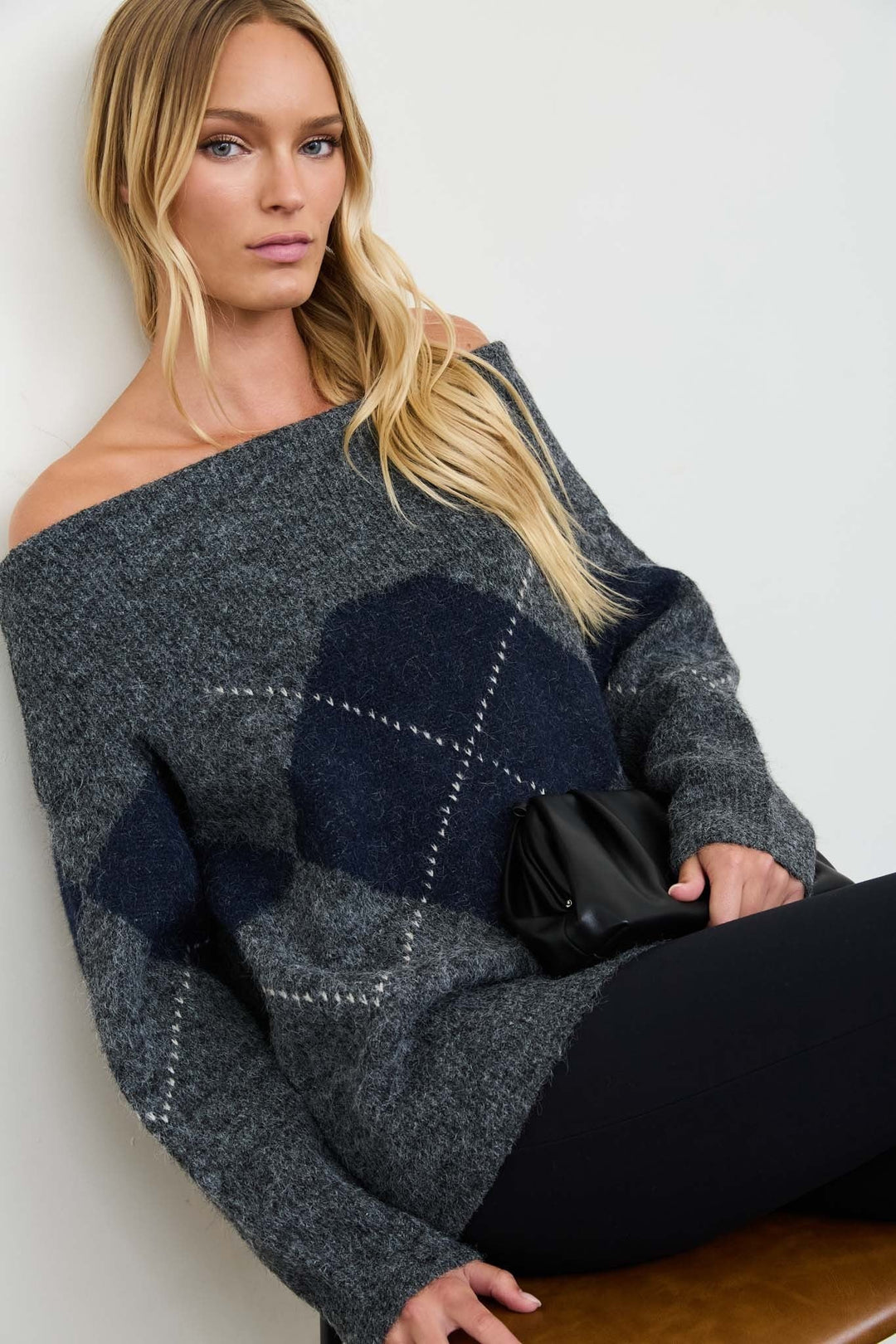 Charcoal Argyle Off Shoulder Fold Over Knit Sweater - STYLED BY ALX COUTURESweaters