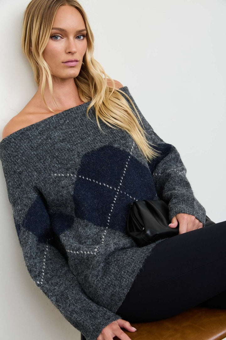 Charcoal Argyle Off Shoulder Fold Over Knit Sweater - STYLED BY ALX COUTURESweaters