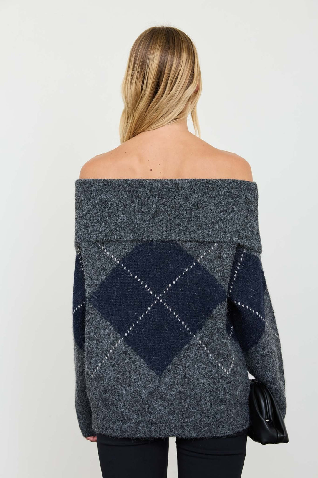 Charcoal Argyle Off Shoulder Fold Over Knit Sweater - STYLED BY ALX COUTURESweaters