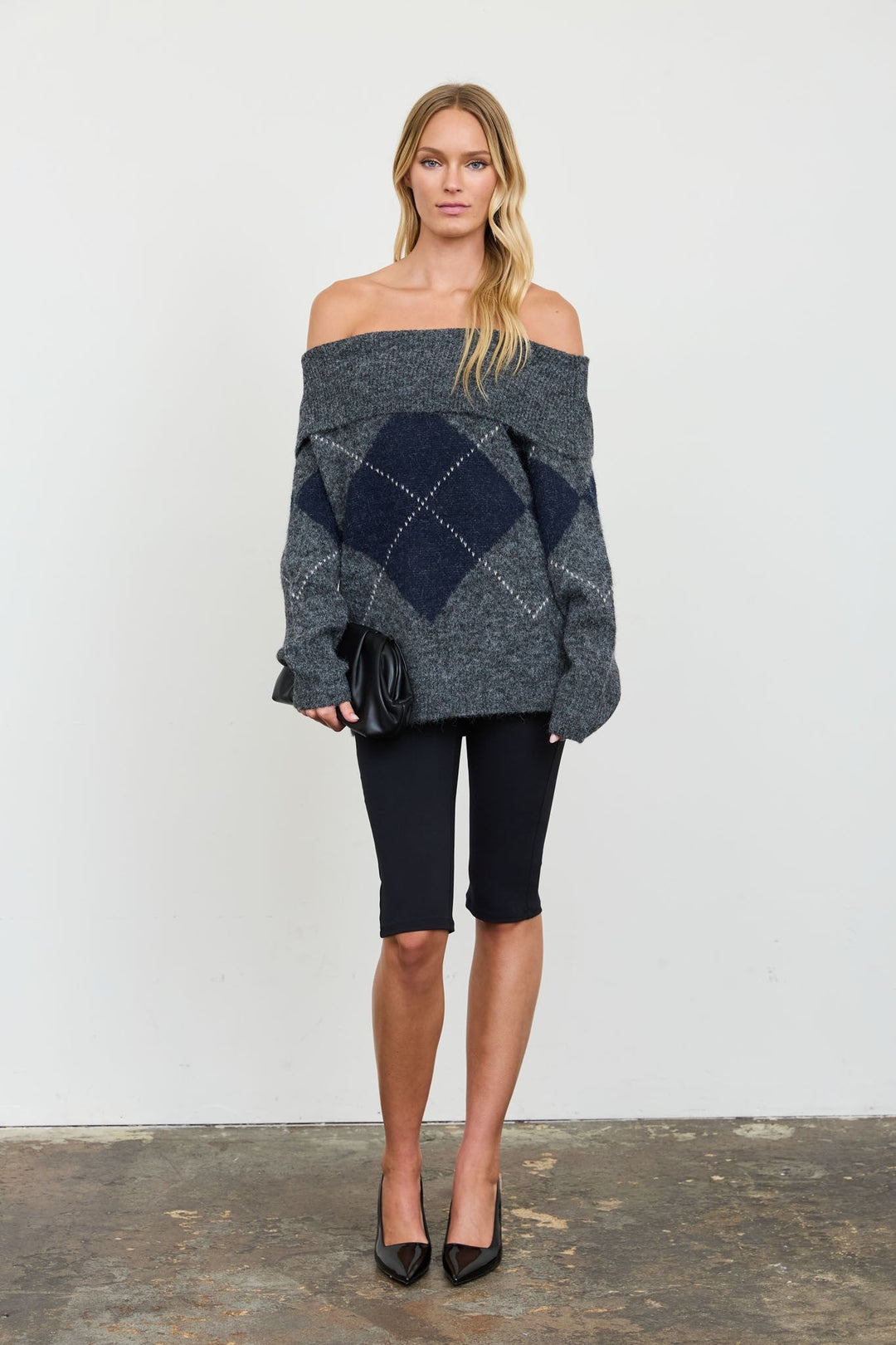 Charcoal Argyle Off Shoulder Fold Over Knit Sweater - STYLED BY ALX COUTURESweaters