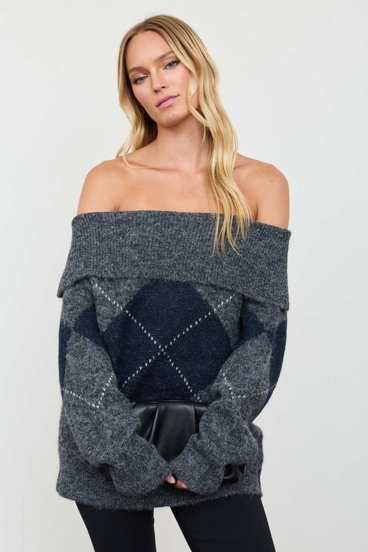 Charcoal Argyle Off Shoulder Fold Over Knit Sweater - STYLED BY ALX COUTURESweaters