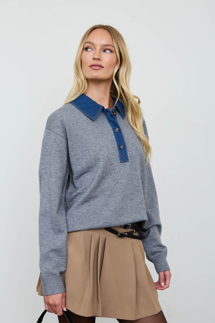 Charcoal Denim Collar Polo Pullover - STYLED BY ALX COUTURESweaters