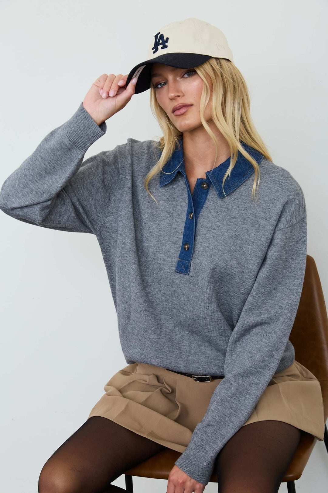 Charcoal Denim Collar Polo Pullover - STYLED BY ALX COUTURESweaters