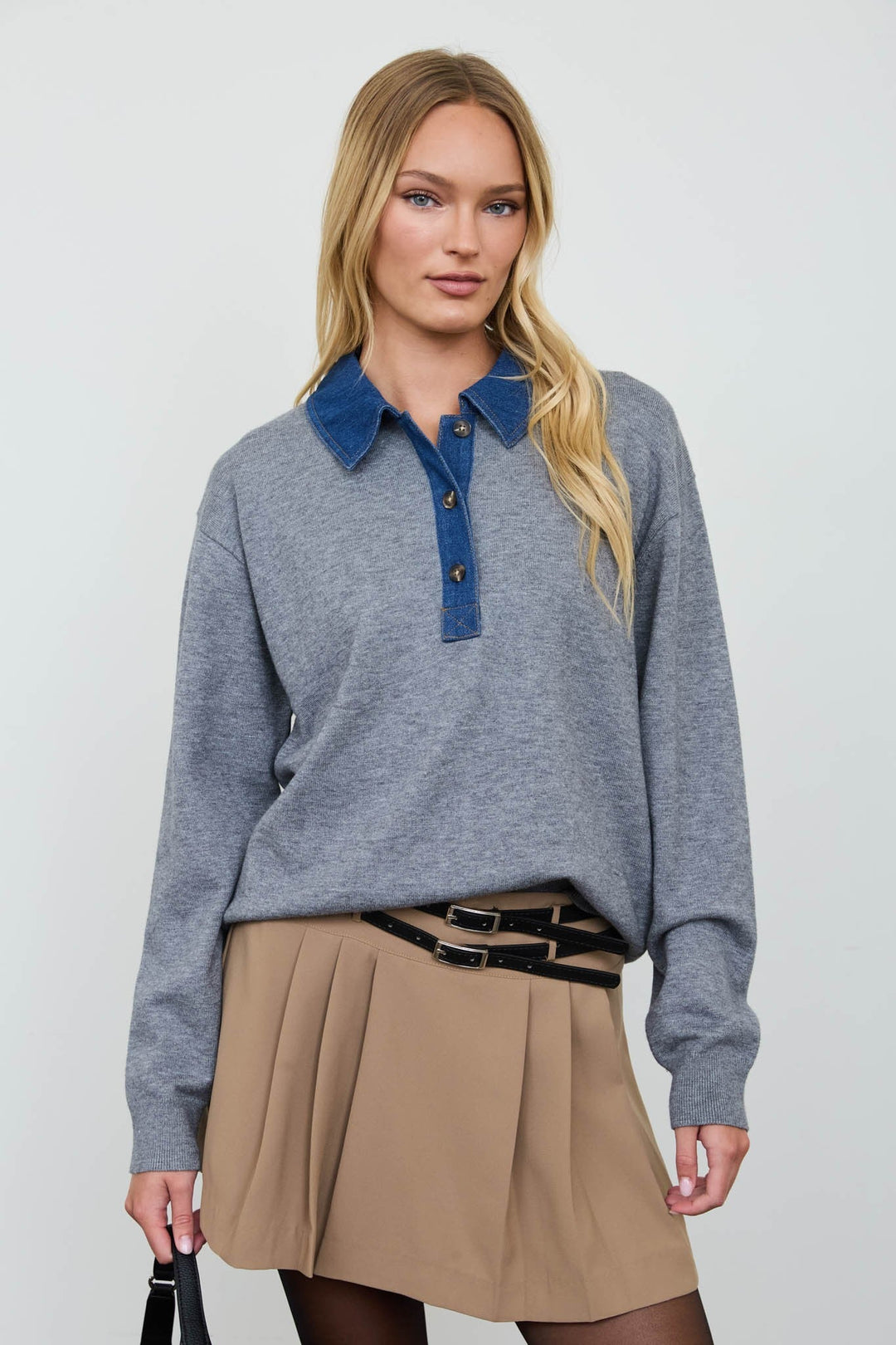 Charcoal Denim Collar Polo Pullover - STYLED BY ALX COUTURESweaters