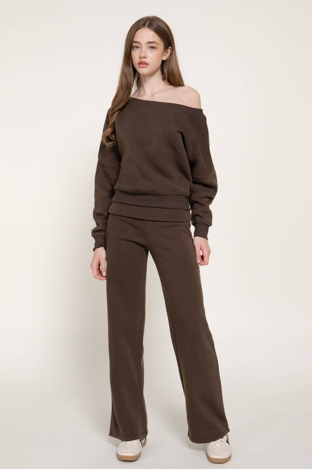 Front view of the Chocolate Asymmetrical Neck Sweat Set with off-shoulder top and fold over pants, a fall lounge outfit