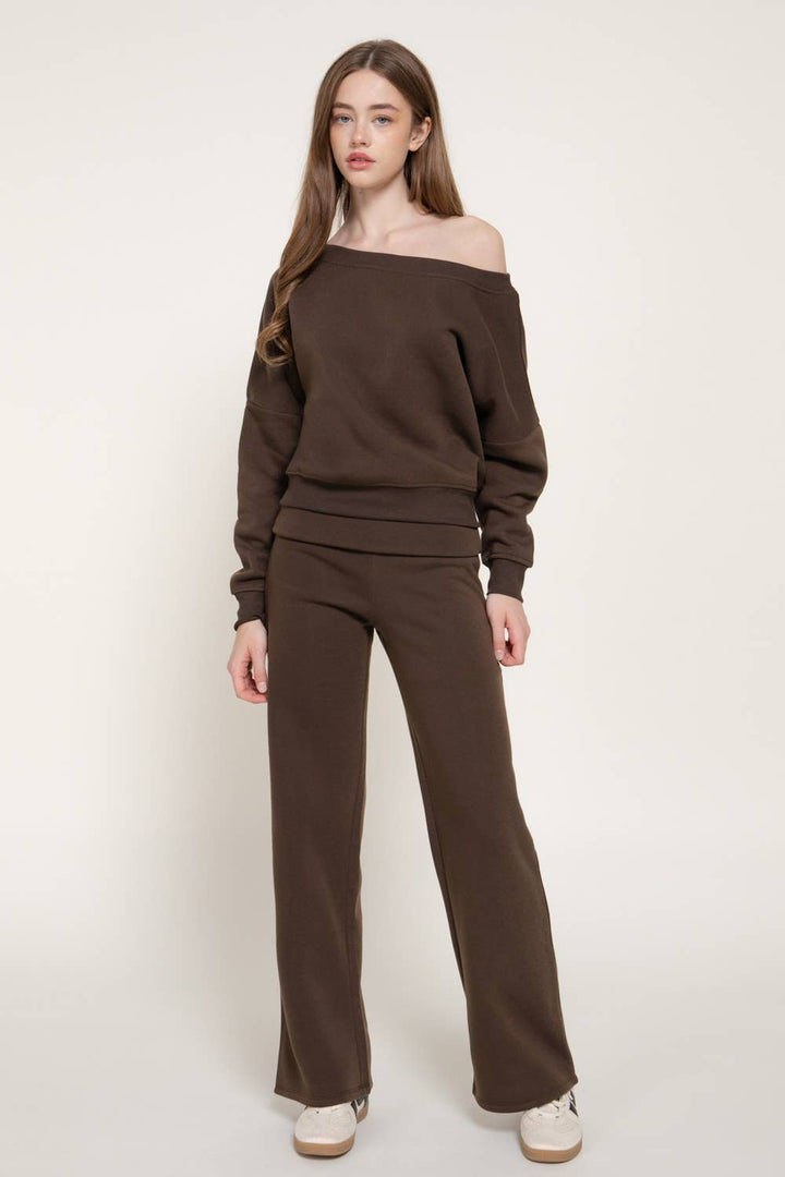 Front view of the Chocolate Asymmetrical Neck Sweat Set with off-shoulder top and fold over pants, a fall lounge outfit