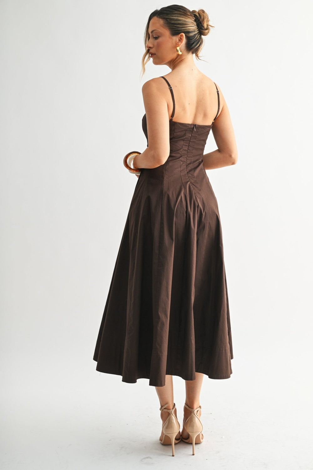 Chocolate dress with paneled bodice detailing and back zipper closure