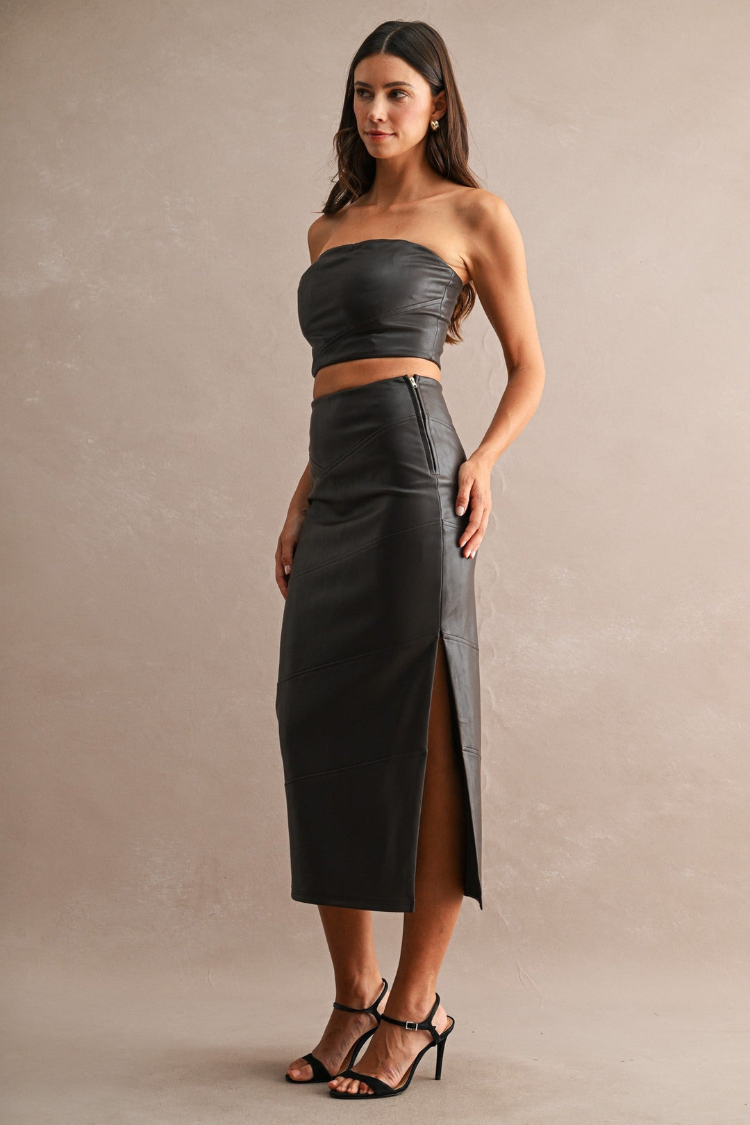 Chocolate Brown Faux Leather Strapless Crop Tube Top and Midi Skirt Set - STYLED BY ALX COUTUREOutfit Sets