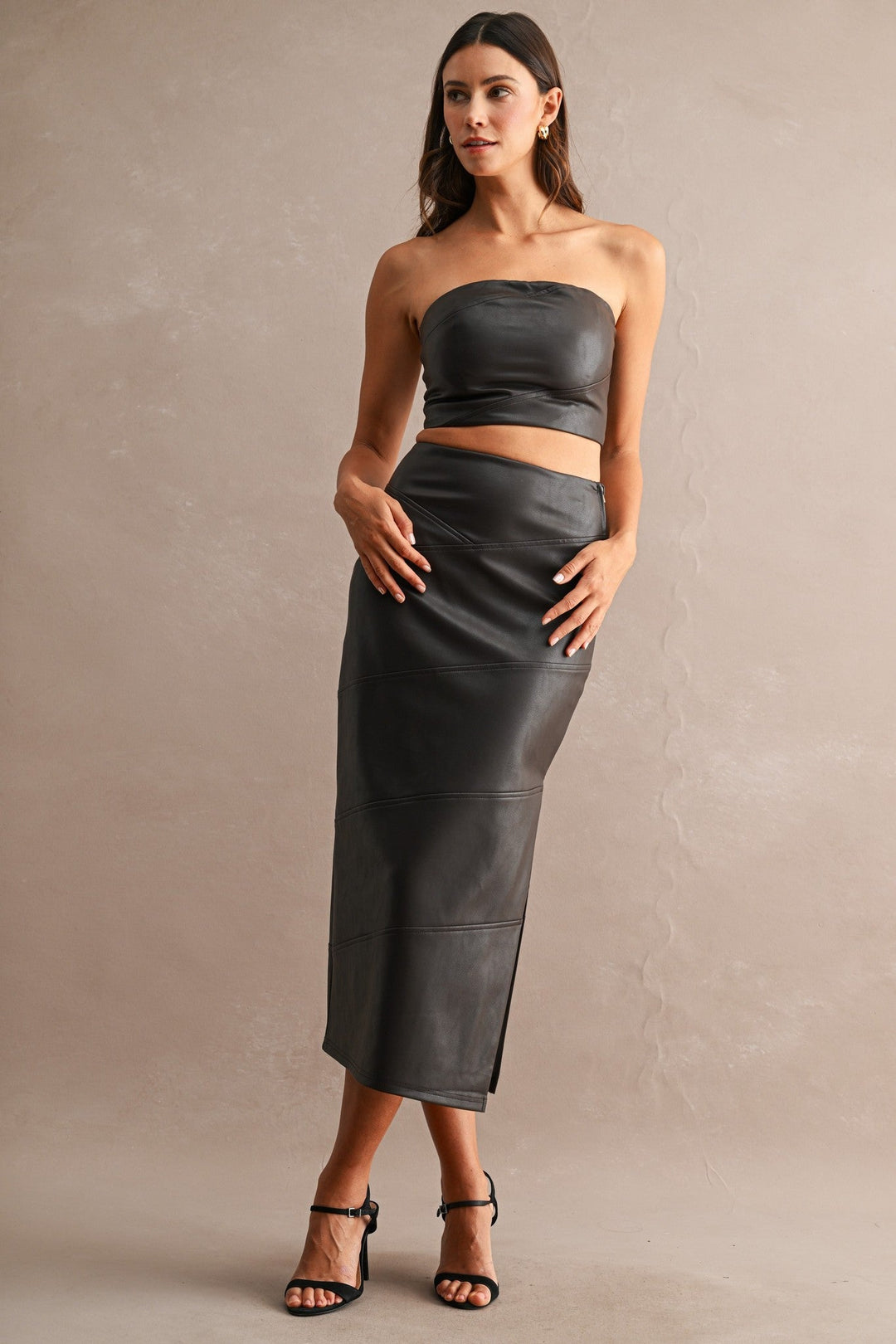 Chocolate Brown Faux Leather Strapless Crop Tube Top and Midi Skirt Set - STYLED BY ALX COUTUREOutfit Sets