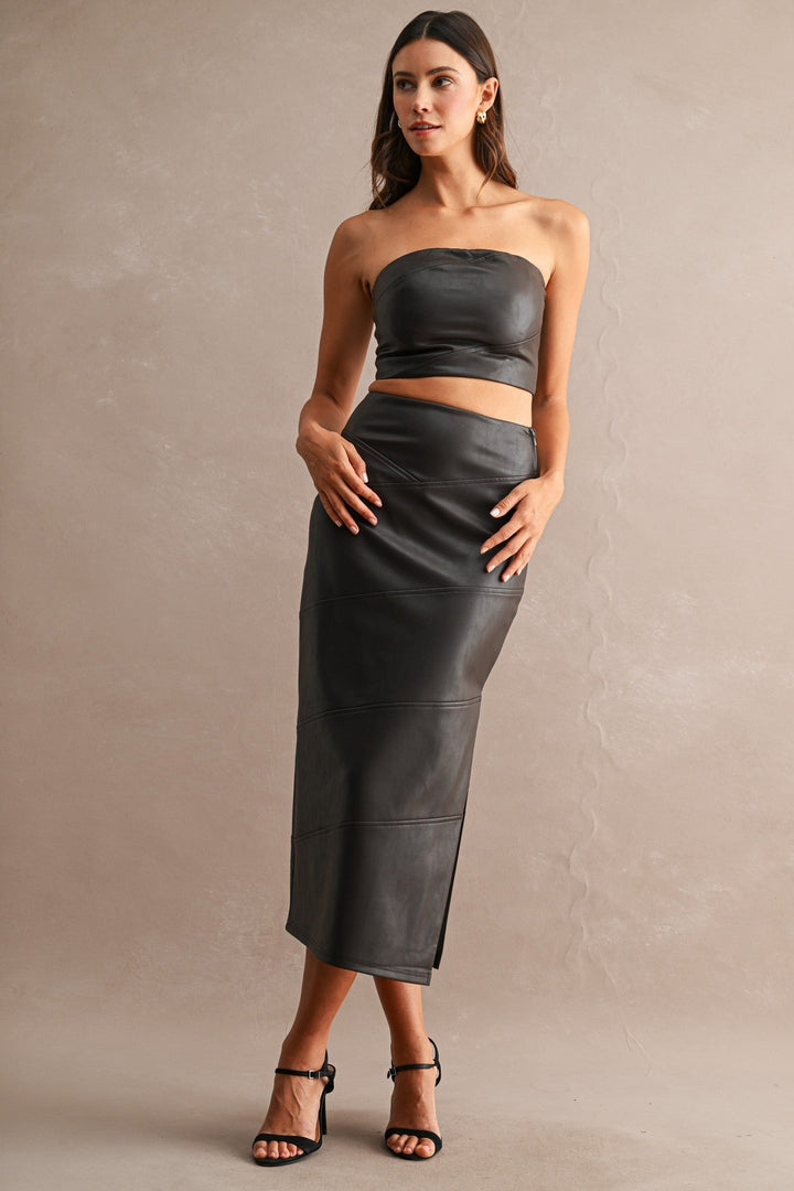 Chocolate Brown Faux Leather Strapless Crop Tube Top and Midi Skirt Set - STYLED BY ALX COUTUREOutfit Sets