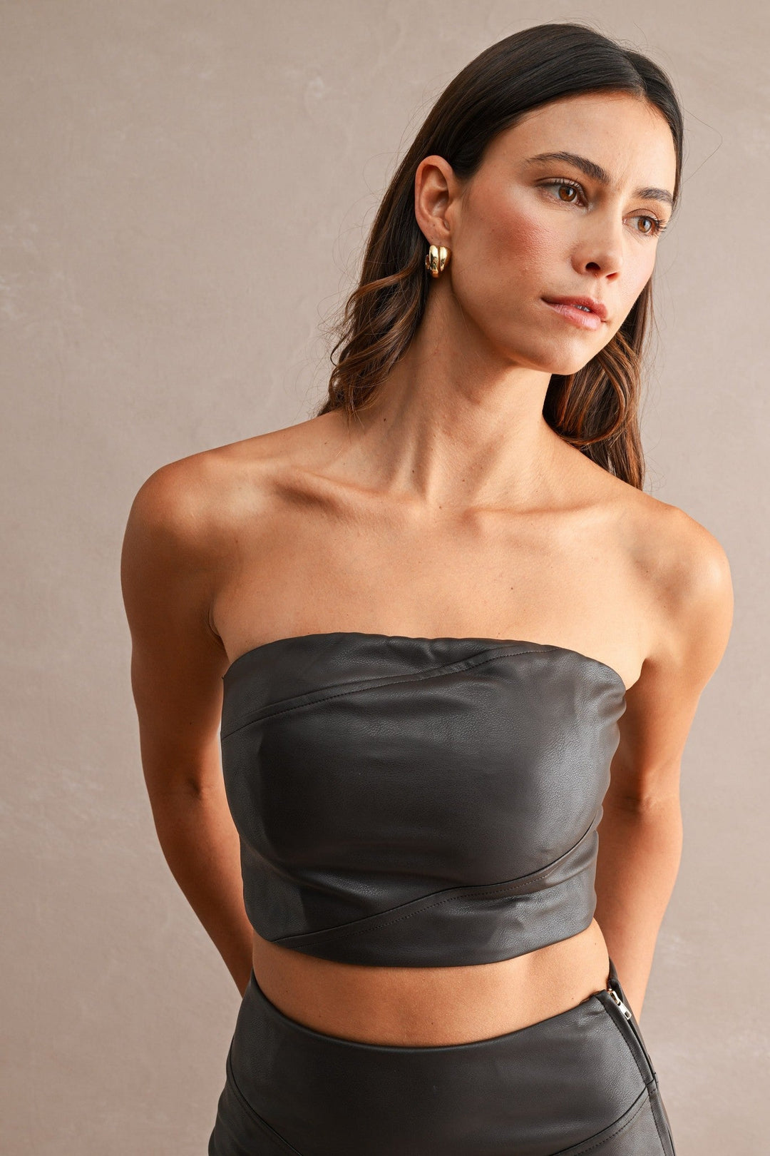Chocolate Brown Faux Leather Strapless Crop Tube Top and Midi Skirt Set - STYLED BY ALX COUTUREOutfit Sets