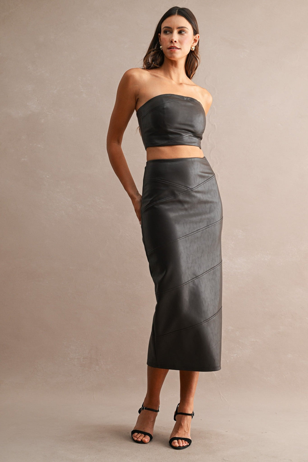 Chocolate Brown Faux Leather Strapless Crop Tube Top and Midi Skirt Set - STYLED BY ALX COUTUREOutfit Sets