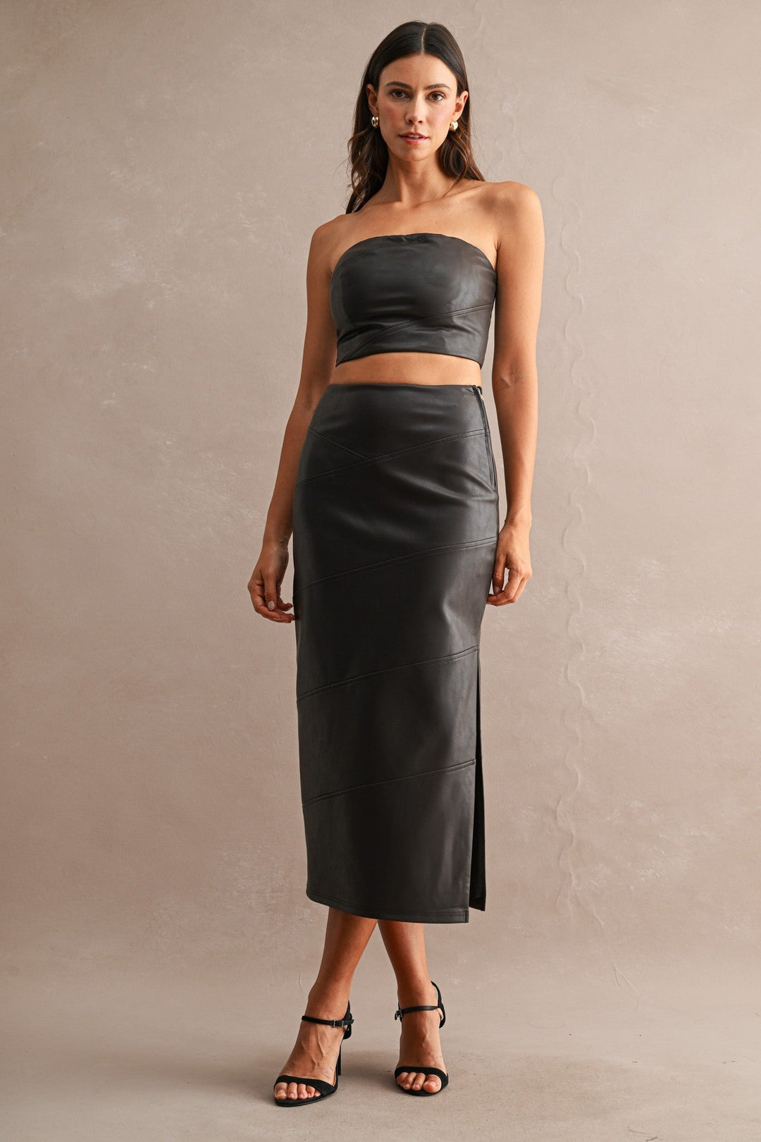 Chocolate Brown Faux Leather Strapless Crop Tube Top and Midi Skirt Set - STYLED BY ALX COUTUREOutfit Sets