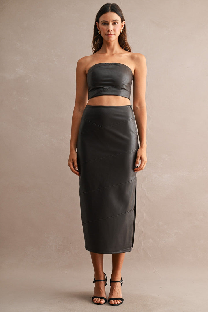 Chocolate Brown Faux Leather Strapless Crop Tube Top and Midi Skirt Set - STYLED BY ALX COUTUREOutfit Sets
