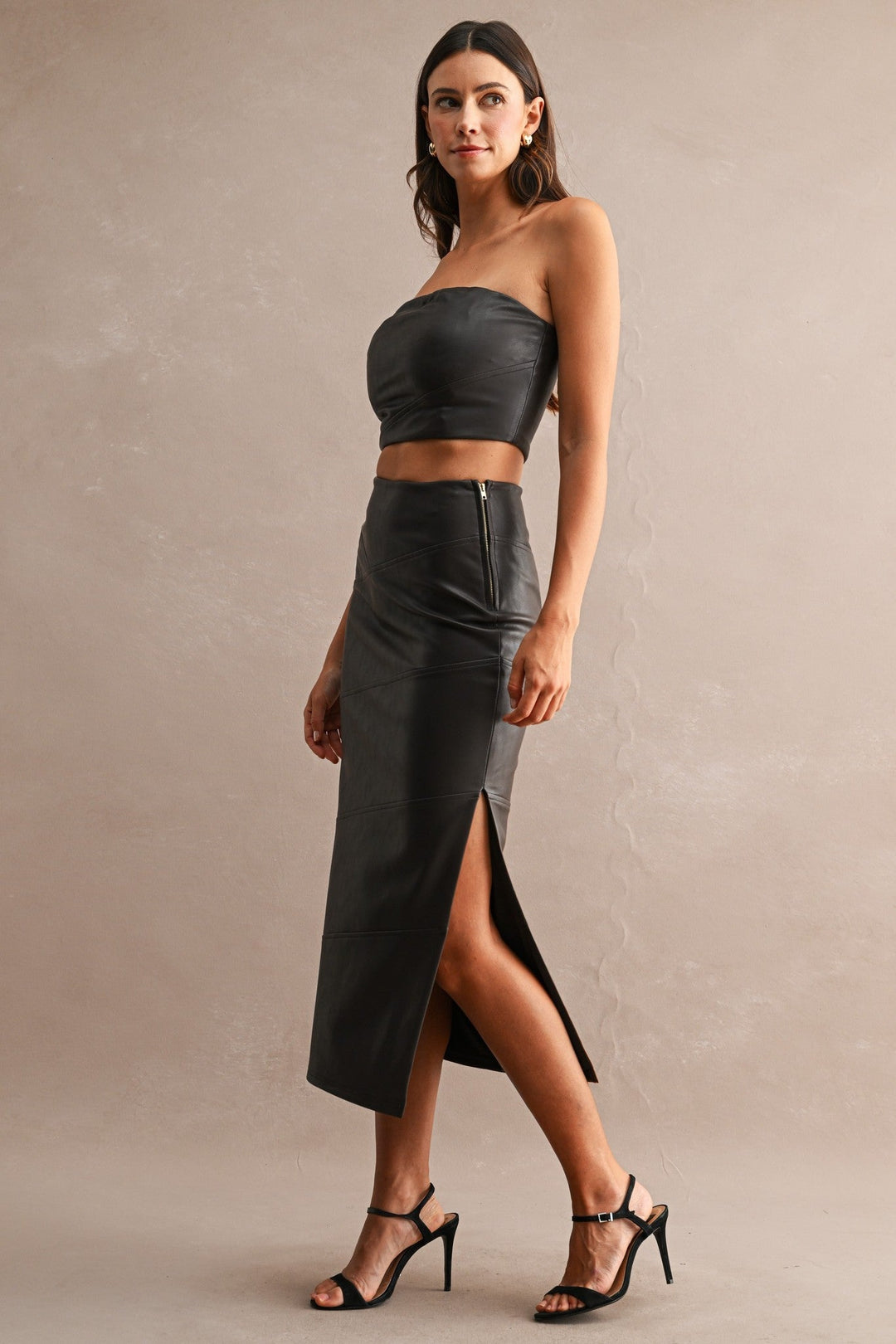Chocolate Brown Faux Leather Strapless Crop Tube Top and Midi Skirt Set - STYLED BY ALX COUTUREOutfit Sets