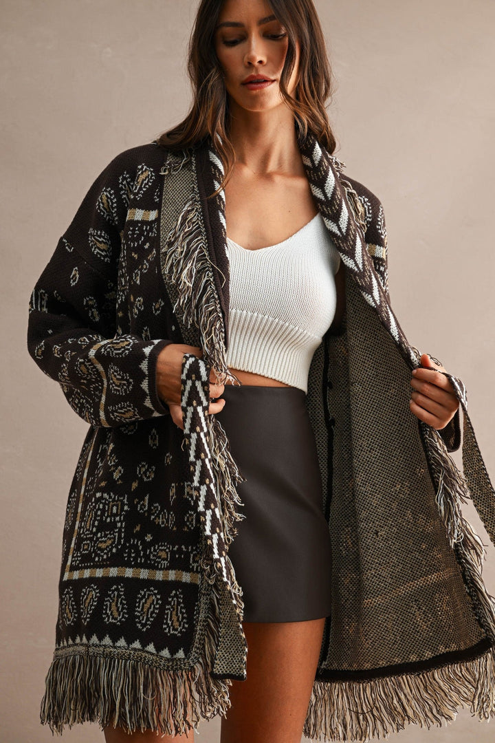 Chocolate Brown Longline Bandana Fringed Shawl Collar Knit Cardigan - STYLED BY ALX COUTUREOuterwear