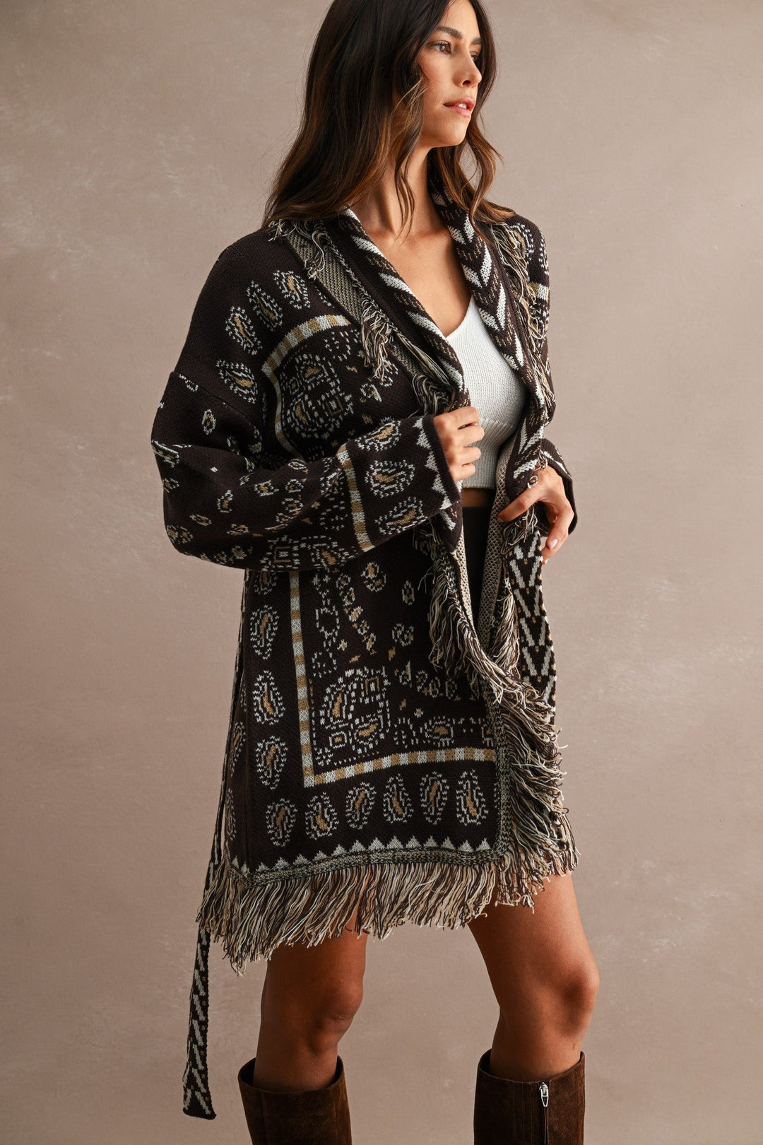 Chocolate Brown Longline Bandana Fringed Shawl Collar Knit Cardigan - STYLED BY ALX COUTUREOuterwear