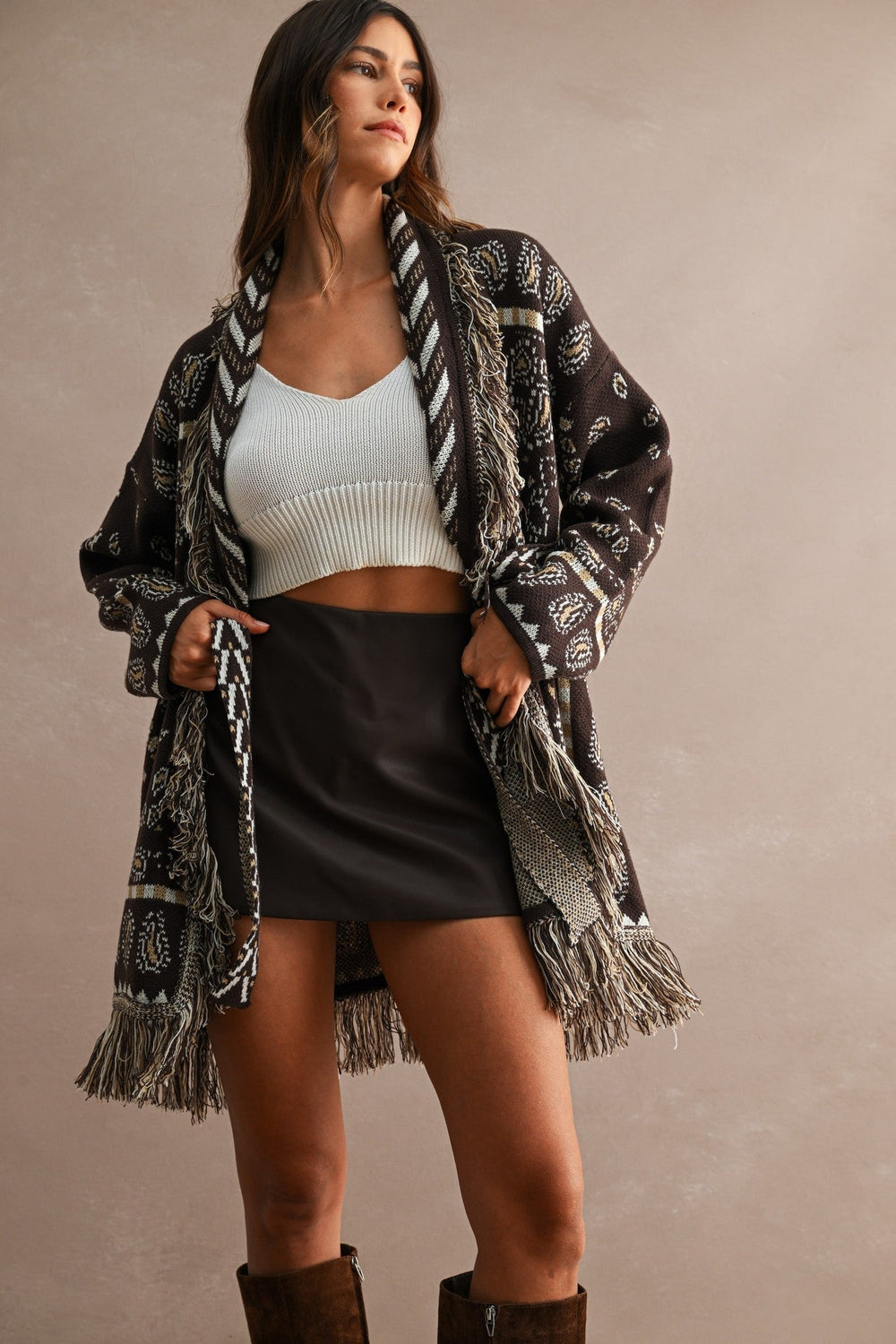 Chocolate Brown Longline Bandana Fringed Shawl Collar Knit Cardigan - STYLED BY ALX COUTUREOuterwear