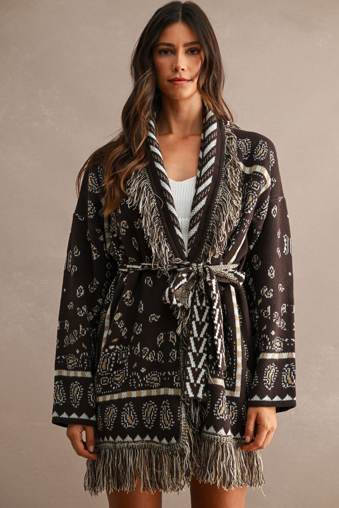 Chocolate Brown Longline Bandana Fringed Shawl Collar Knit Cardigan - STYLED BY ALX COUTUREOuterwear
