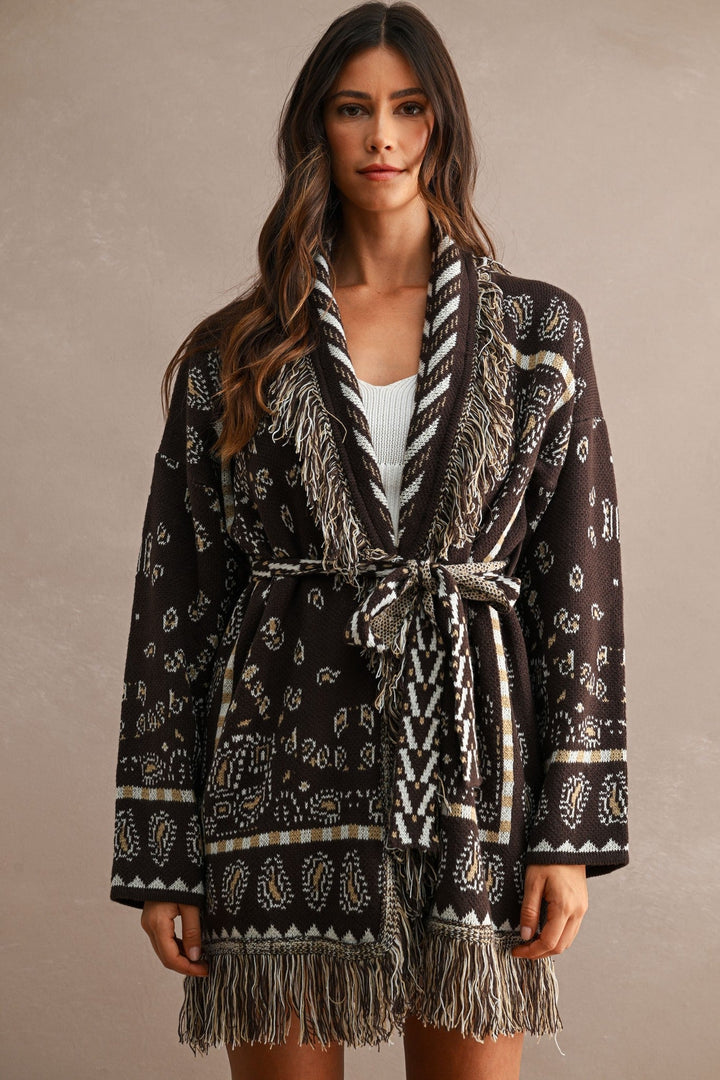 Chocolate Brown Longline Bandana Fringed Shawl Collar Knit Cardigan - STYLED BY ALX COUTUREOuterwear
