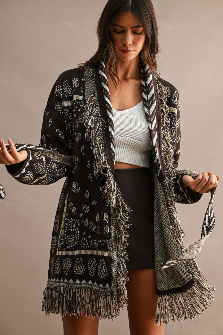 Chocolate Brown Longline Bandana Fringed Shawl Collar Knit Cardigan - STYLED BY ALX COUTUREOuterwear