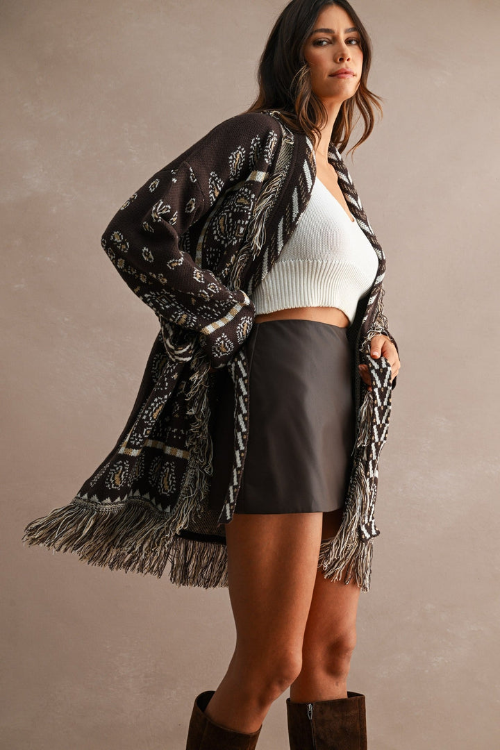 Chocolate Brown Longline Bandana Fringed Shawl Collar Knit Cardigan - STYLED BY ALX COUTUREOuterwear