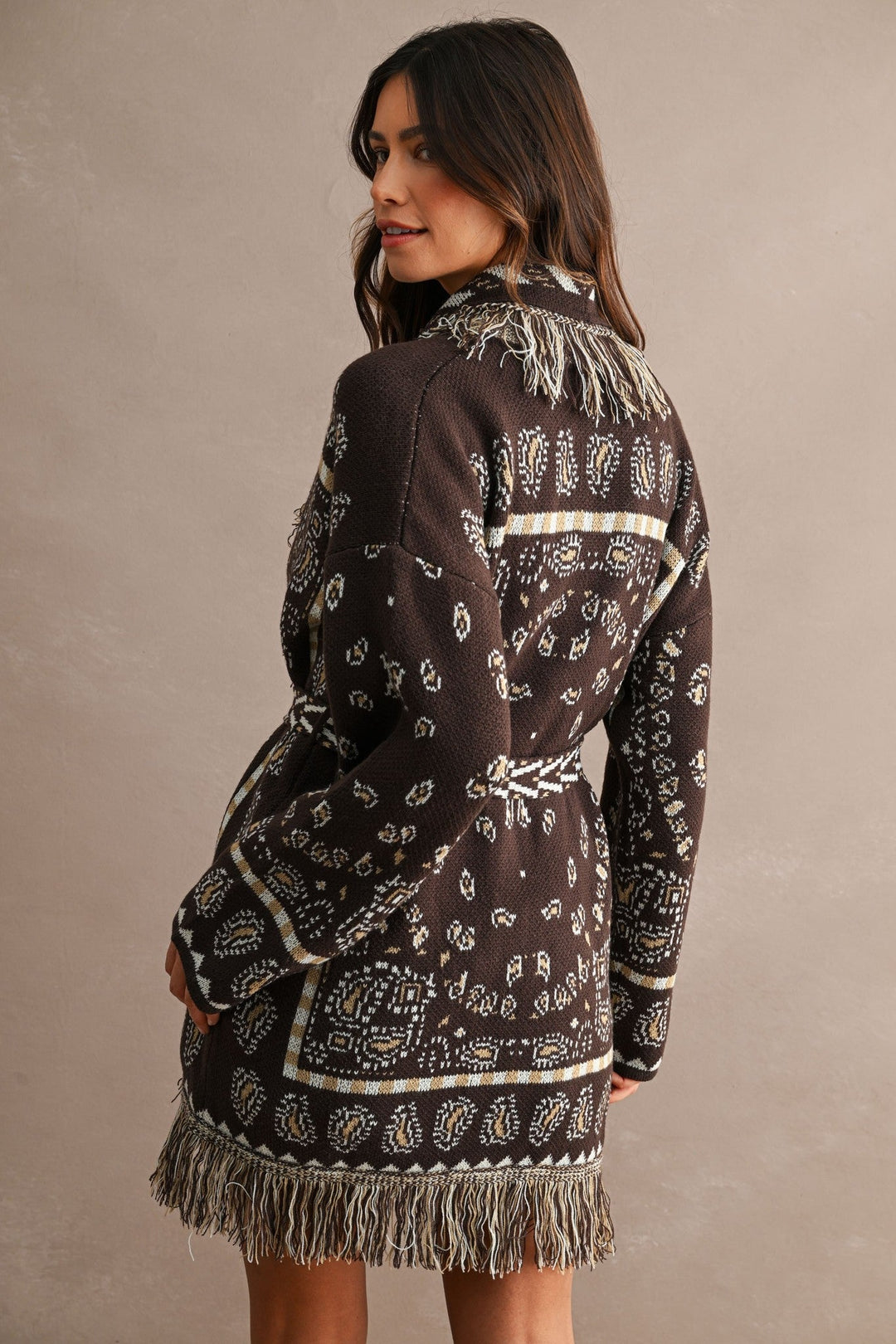 Chocolate Brown Longline Bandana Fringed Shawl Collar Knit Cardigan - STYLED BY ALX COUTUREOuterwear